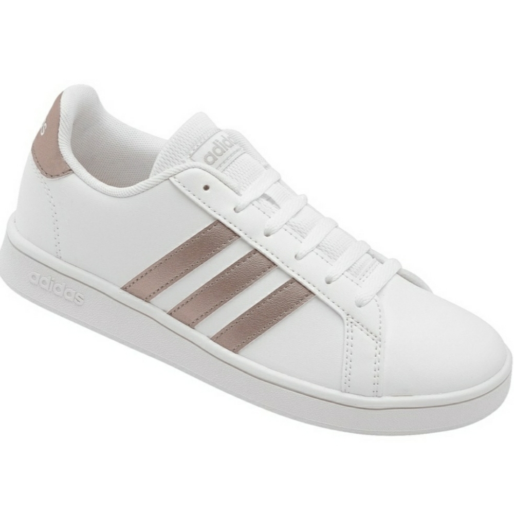 Adidas 3 striped rose gold shoes.